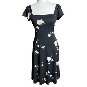 Banana Republic Dress A-line Midi Black Floral Jersey Feminine Comfy Womens XS